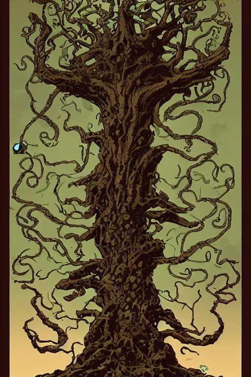 Prompt: Yggdrasil the tree of life by Mike Mignola and Richard Corben, trending on artstation, stylized, angular, symmetrical