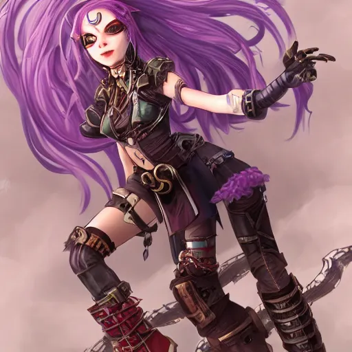 Image similar to jinx from arcane sitting on a bridge seeing hallucinations of ragnarok, artstation, steampunk style