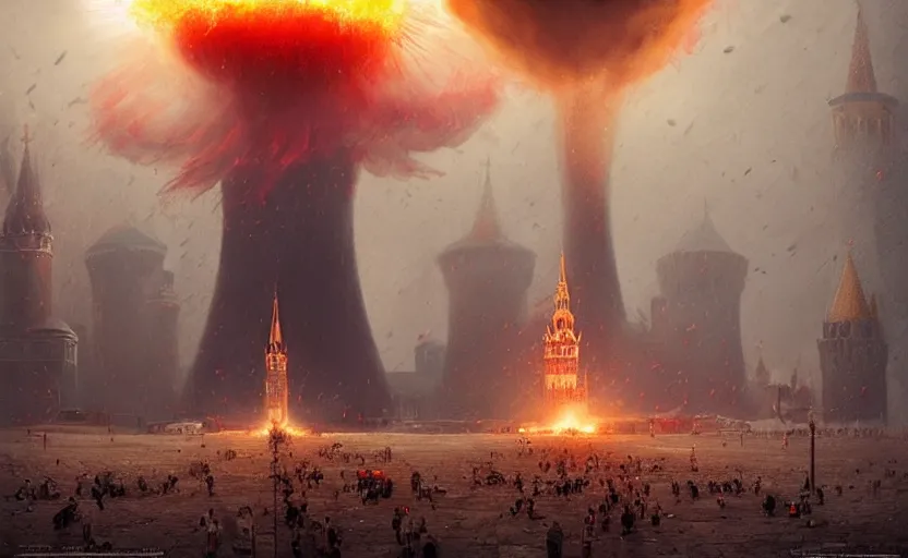 Image similar to nuclear explosion with realistic nuclear mushroom in Red Square Kremlin, cinematic shot, extremely high detail, photo realistic, cinematic lighting, post processed, artstation, matte painting, digital painting, art by Greg Rutkowski