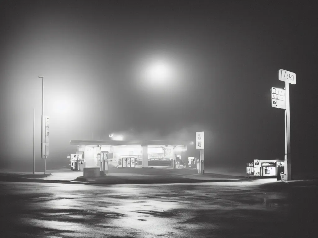 Prompt: “35mm film photography of gas station , fog, night, mood, atmospheric, full colour, digital photography, finished in Lightroom”