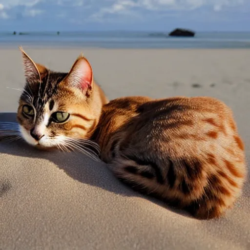 Prompt: realistic photo of a cute cat chilling out on the beach