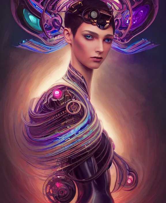 Image similar to a whirlwind of souls rushing inside the metaverse, half body, jewelry, fashionable haircut, pharaoh, android, cyborg, cyberpunk face, by loish, d & d, fantasy, intricate, elegant, highly detailed, colorful, vivid color, digital painting, artstation, concept art, art by artgerm and greg rutkowski and alphonse mucha