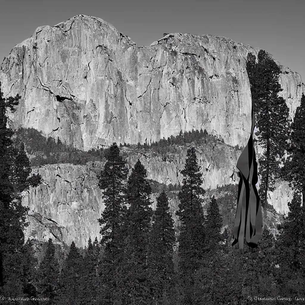 Image similar to to fathom hell or soar angelic, just take a pinch of psychedelic, a colossal minimalistic necktie sculpture installation ( by antony gormley and anthony caro ), reimagined by future artists in yosemite national park, granite peaks visible in the background, in the distant future, taken in the night