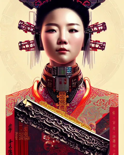 Image similar to portrait of a chinese cyberpunk machine, machine face, robed, upper half portrait, decorated with chinese opera motifs regal royal fierce machine robot cyberpunk fine china, wuxia, traditional chinese art intricate intense elegant highly detailed digital painting artstation concept art smooth sharp focus illustration, art by artgerm and greg rutkowski alphonse mucha 8 k