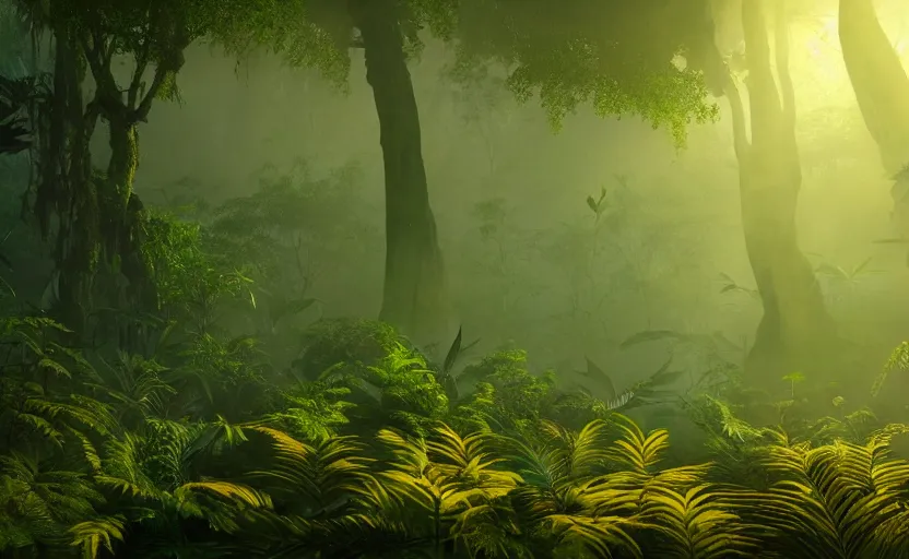 Image similar to a beautiful render of a dark prehistoric cloud forest, lush flora, patches of yellow - orange sky, dark green leaves, intricate detail, god rays, hazy, humid, volumetric lighting, 8 k, photorealistic, raytracing effects, unreal engine 5