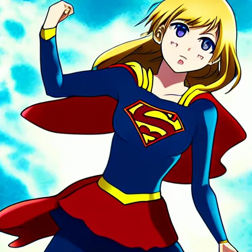 Image similar to anime visual of supergirl, laserbeam from eyes, official media