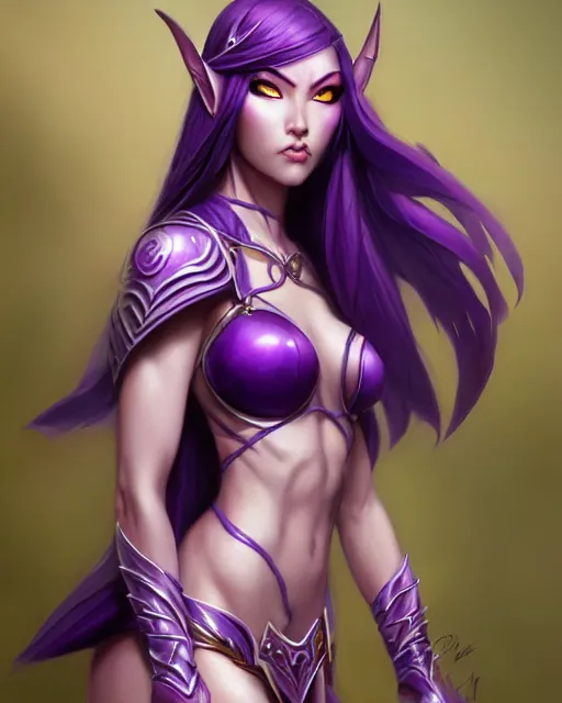 Prompt: character concepta beautiful and strong purple female warrior night elf | | cute - fine - face, pretty face, realistic shaded perfect face, fine details by stanley artgerm lau, wlop, rossdraws, james jean, andrei riabovitchev, marc simonetti, and sakimichan, trending on artstation