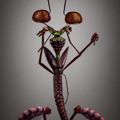 Image similar to and anthropomorphic praying mantis with a mitre and crosier, preaching at the pulpit to an audience, ultra detailed, 8 k, trending on artstation, award - winning art,