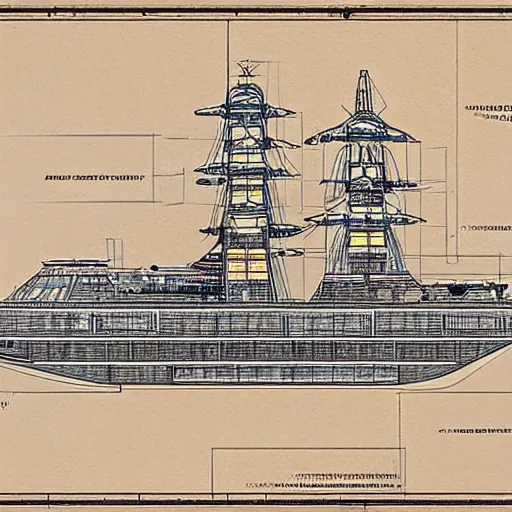 Prompt: ornately _ annotated _ blueprint _ schematics _ for _ a _ large _ unknown ship