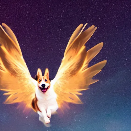 Image similar to corgi attaining [ angelic wings ], [ flying like a superhero ] in the [ night sky ]!! where the stars are visibly perceptible, [ realistic photo ]!!, [ 4 k photorealism ]!!, trending on unsplash
