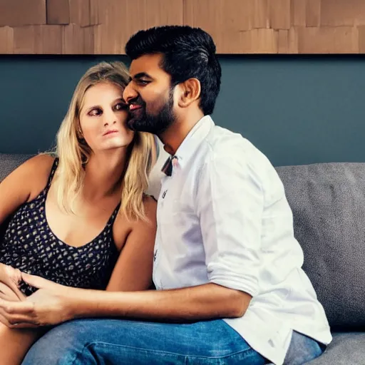 Image similar to indian guy and blonde swedish girl drinking gin and tonics on the couch