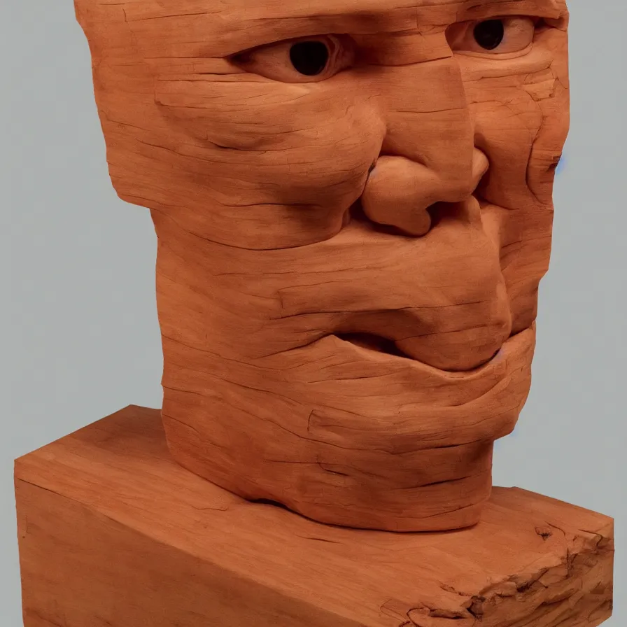 Prompt: hyperrealistic sculpture portrait of a stern woman's face carved out of a block of red cedar wood on a pedestal by duane hanson and donald judd, hyperrealistic dramatic colored lighting trending on artstation 8 k