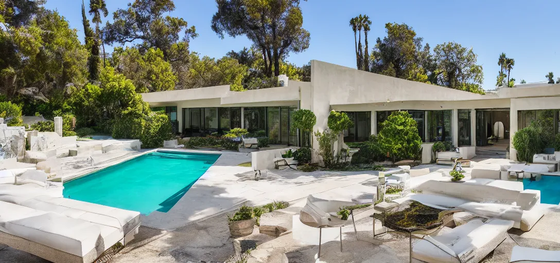 Prompt: greek - inspired midcentury house with marble columns. statue of venus in backyard. neptune pool from san simeon in backyard. built in 1 9 5 9 in hollywood hills. cocktail party taking place.