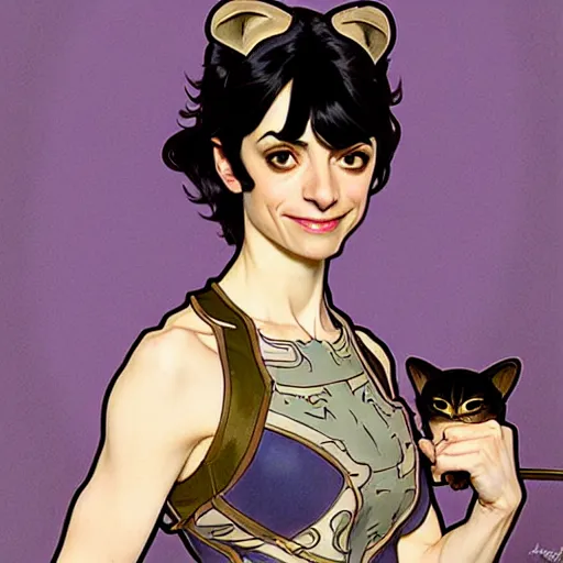 Prompt: kate micucci as catwoman, fantasy, d & d, intricate, detailed, by by alphonse mucha, adolfo hohenstein, alice russell glenny, stanley artgerm lau, greg rutkowski, detailed, trending on artstation, trending on artstation, smooth