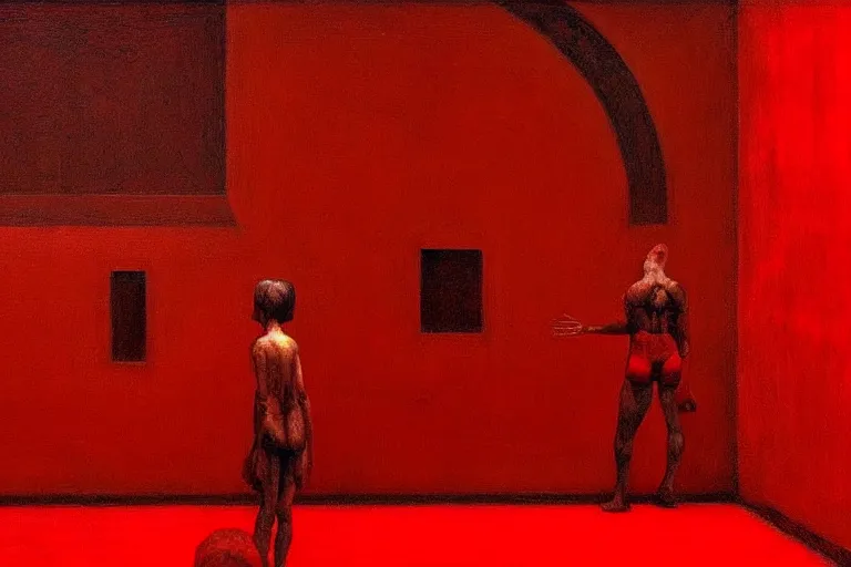 Image similar to only with red, crowd screaming, an exposed painting in a roman theater, in the style of beksinski, parts by edward hopper, parts by rodcenko, parts by yue minjun, intricate and epic composition, red by caravaggio, insanely quality, highly detailed, masterpiece, red light, artstation, 4 k