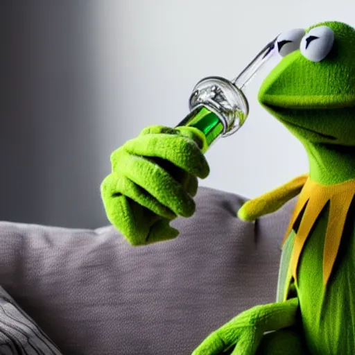 Image similar to candid photo of kermit the frog sitting on the couch smoking out of a bong, ted ( 2 0 1 2 ) bong scene, kermit the frog, high resolution photo, trending on artstation, interior design