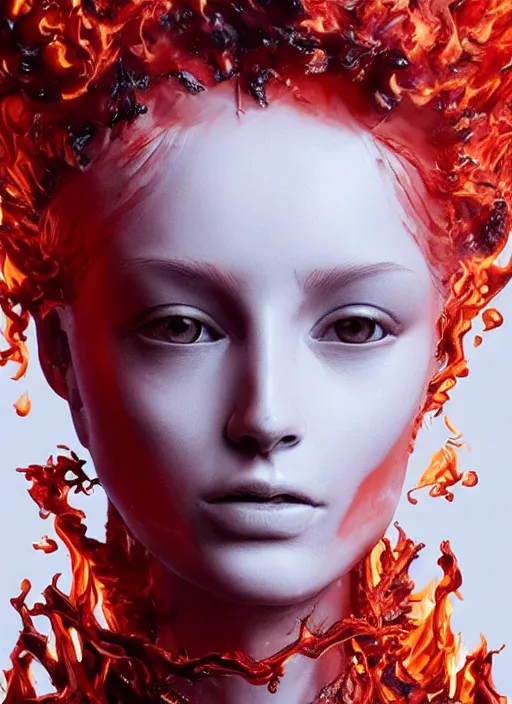 Image similar to sculpture made of flame, portrait, female, future, torch, fire, harper's bazaar, vogue, fashion magazine, intricate, concept art, close up, ornate, luxury, elite, elegant, trending on artstation, by ruan jia, by Kenneth Willardt, by ross tran, by WLOP, by Andrei Riabovitchev,