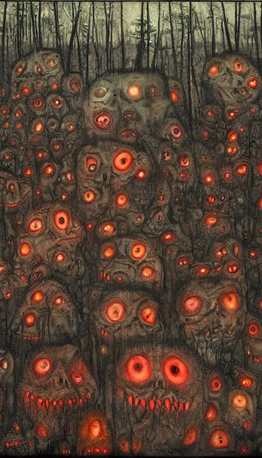 Prompt: a storm vortex made of many demonic eyes and teeth over a forest, by dan witz