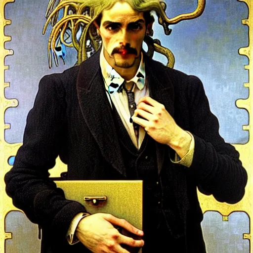 Image similar to realistic extremely detailed portrait painting of. an average. man with his. briefcase .in his. left hand . by Jean Delville, Amano, Yves Tanguy, Alphonse Mucha, Ernst Haeckel, Edward Robert Hughes, Roger Dean, pale muted pastel moody colors, gold eyes