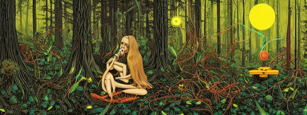 Prompt: a technogaianist long-haired blonde digital musician playing modular synthesizer in the forest, technology and nature in harmony, postmodern surrealist concert poster, grainy, hand drawn matte painting by Tara McPherson and Gary Houston, smooth, sharp focus, extremely detailed.