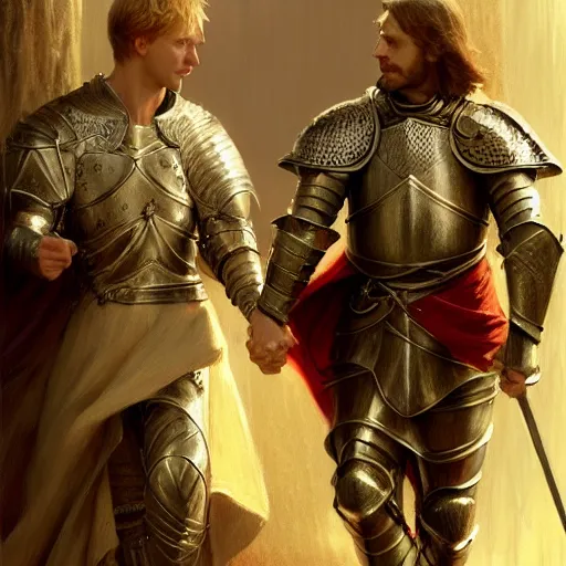 Image similar to attractive arthur pendragon and his favourite attractive male knight, they are in love, camelot, natural lighting, path traced, highly detailed, high quality, digital painting, by gaston bussiere, craig mullins, j. c. leyendecker