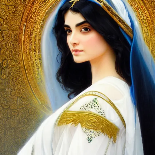 Image similar to ameera al taweel, bright blue eyes, long wavy black hair, white veil, front , highly detailed, digital painting, artstation, concept art, smooth, sharp focus, illustration, ArtStation, art by artgerm and greg rutkowski and alphonse mucha and J. C. Leyendecker and Edmund Blair Leighton