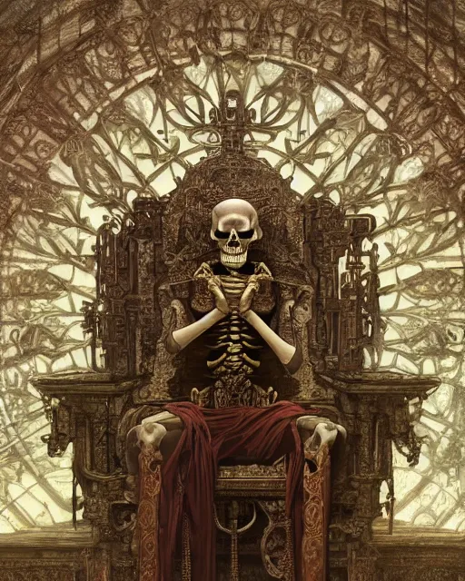 Prompt: ancient skeleton sits on a throne in an old temple with godrays, gorgeous, amazing, intricate, highly detailed, digital painting, artstation, concept art, sharp focus, illustration, art by greg rutkowski and alphonse mucha