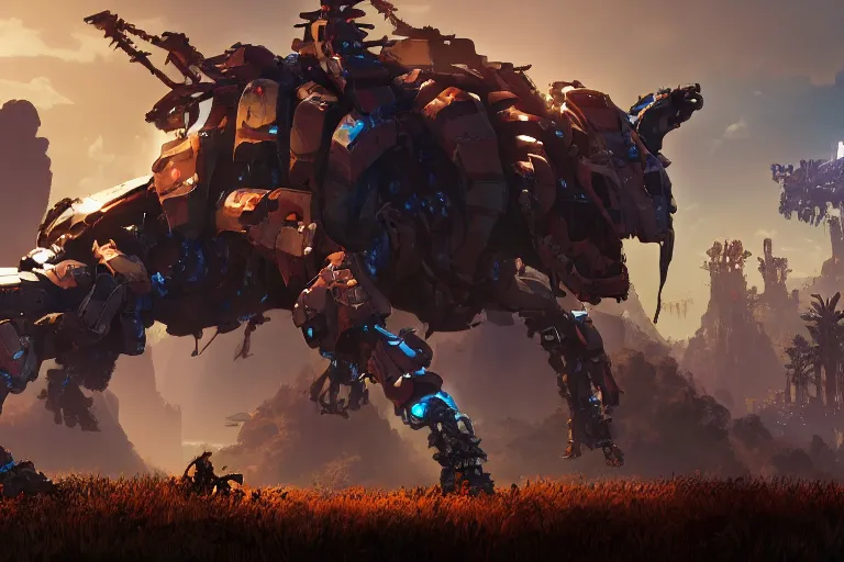 Prompt: tideripper machine mecha animal beast robot of horizon forbidden west horizon zero dawn bioluminiscence global illumination ray tracing hdr fanart arstation by sung choi and eric pfeiffer and gabriel garza and casper konefal