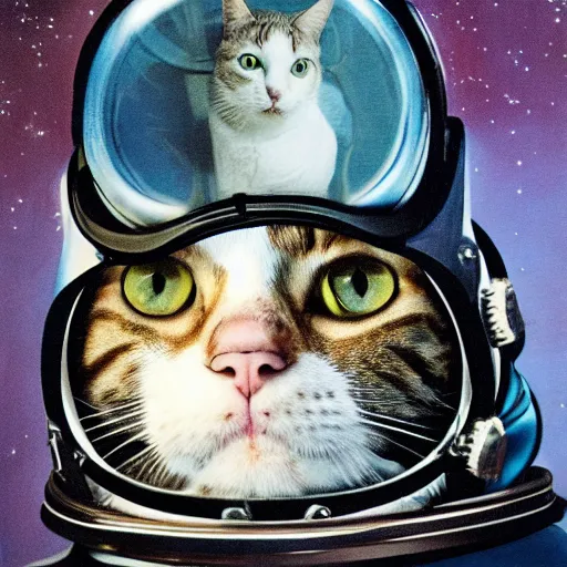 Image similar to a portrait of a cat behind the space suit helmet
