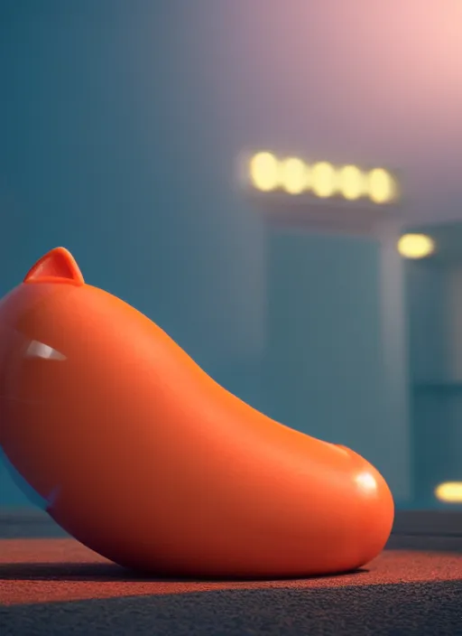 Image similar to plastic cat looking like a hotdog, photorealism, canon r 3, symmetry, octane render, unreal engine, dramatic lights, professional studio photo