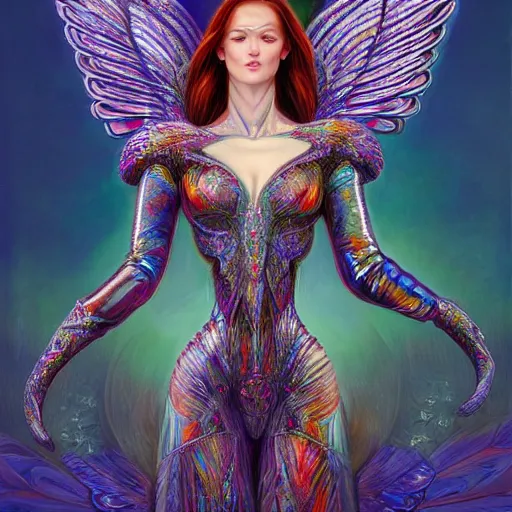 Image similar to a beautiful symmetrical woman full body wearing diamond armor with translucent colorful wings by alex gray and android jones , Karol Bak, Ayami Kojima, Amano , concept art, character design, fantasy,3D, 8k resolution