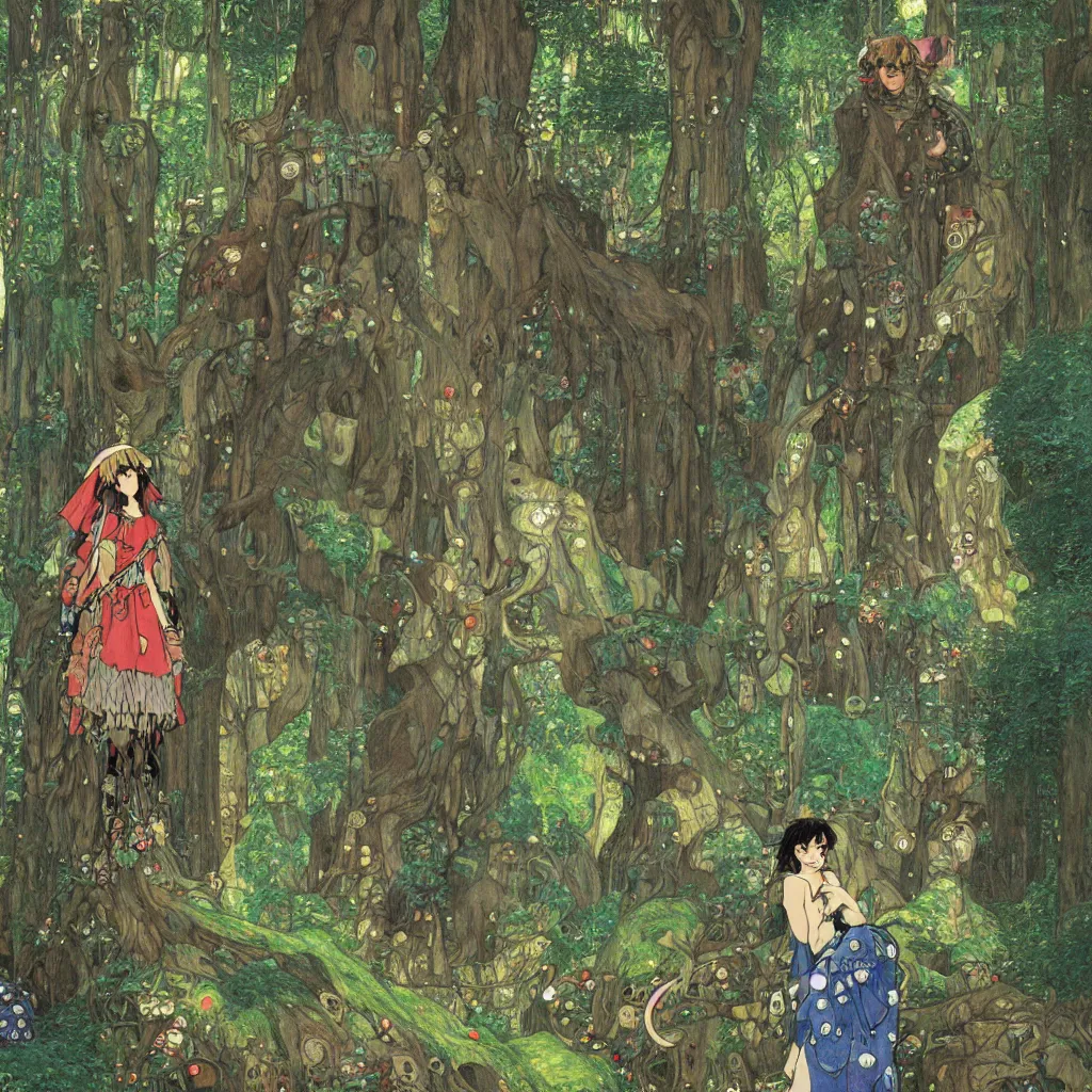 Prompt: Princess Mononoke, fully clothed in armor, lush fairy forest, neon, concept art, schematics, studio ghibli, gnarly trees, painted by gustav klimt, norman rockwell, mucha, james gurney, high detail, denoised, sharp, architectural