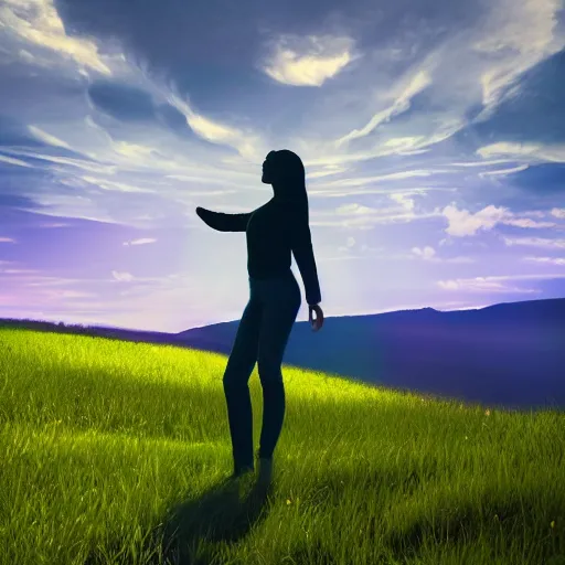 Image similar to silhouette profile of woman with flowing hair overlooking an expansive green hillside while leaves and a blue-yellow sky beam, extremely moody lighting, glowing light and shadow, atmospheric,, complex,symmetrical , 3-point perspective, high resolution, PBR, path tracing, volumetric lighting, octane render, arnold render