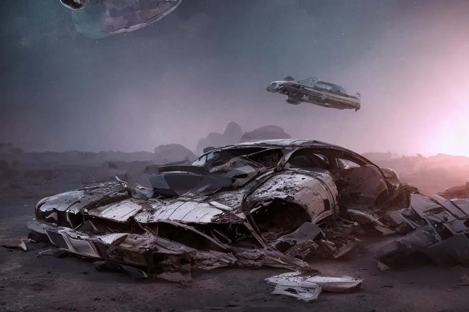 Image similar to broken highway wreckage floating in space, dark cinematic, volumetric, realistic, 3 d render, realistic render, cinematic lighting, volumetric lighting, atmospheric, cinematic, unreal engine 5, unreal engine render, octane render, hd, photorealism, hyper realistic, 8 k