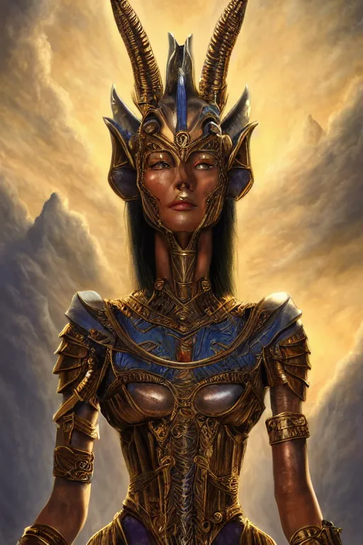 Image similar to Mystical Valkyrie, Portrait of a beautiful female Atlantean Anubis Alien Warrior, Regal, Realistic, Refined, Detailed Digital Art, Oil Painting, Michael Cheval, Esao Andrews, Art Frahm, Steampunk, Walt Disney (1937), Highly Detailed, Cinematic Lighting, Unreal Engine, 8k, HD