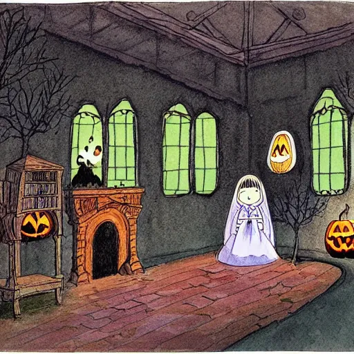 Image similar to interior, the hall in the castle decorated for halloween, in a small clearing among trees, drawn by hayao miyazaki, watercolor illustration for a book