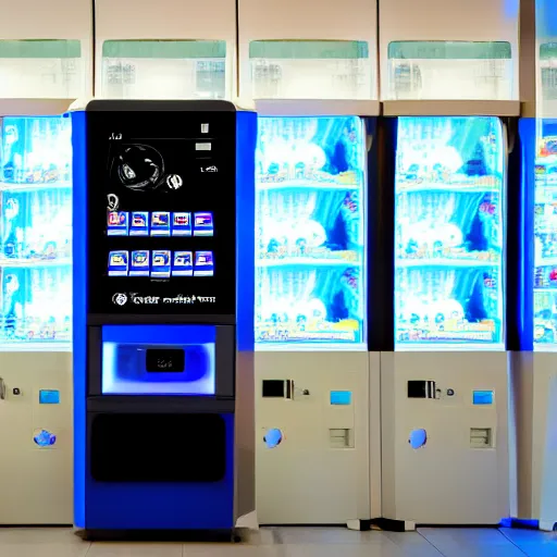 Image similar to a scene of a futuristic vending machine in sky city mall in the style of the ( minority report ) film taken from a distance, minimalist, blue and white, cinematic lighting