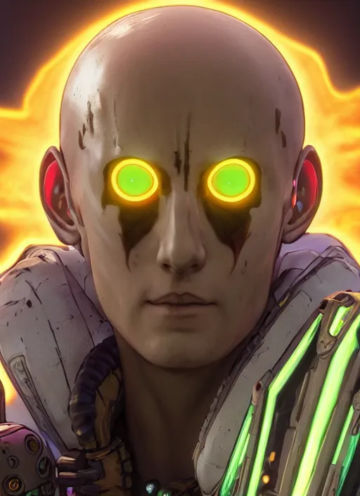 Image similar to glowwave portrait of saitama from borderlands 3, au naturel, hyper detailed, digital art, trending in artstation, cinematic lighting, studio quality, smooth render, unreal engine 5 rendered, octane rendered, art style by klimt and nixeu and ian sprigger and wlop and krenz cushart.