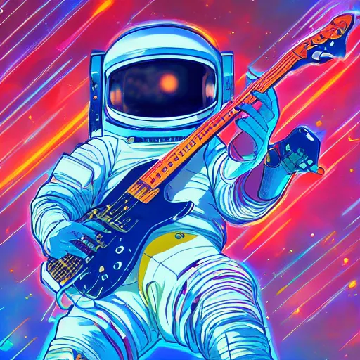 Prompt: wide angle full body of astronaut playing electro guitar, anime, manga, kim jung gi, irakli nadar, bright colors, stars shining, intricate linework, unreal engine 5 highly rendered, global illumination, radiant light, detailed, rendered, gorgeous, trending on artstation