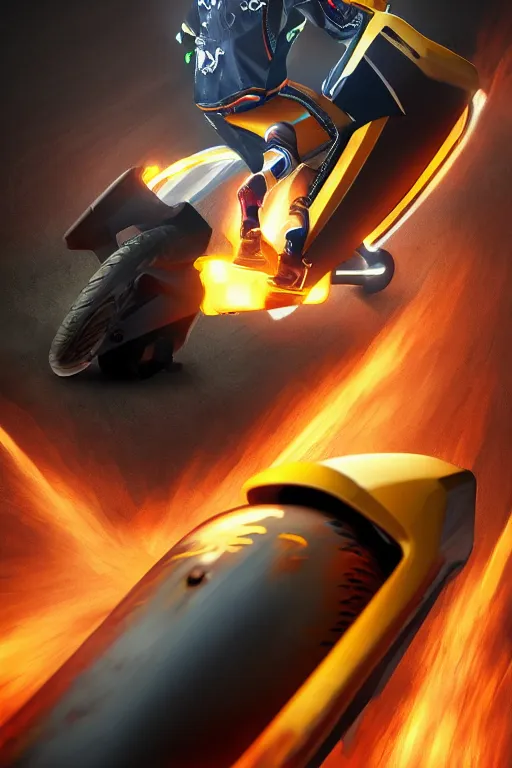 Image similar to scooter driver kamikaze burns, high speed, crashes around, digital art, trending on artstation, unreal engine