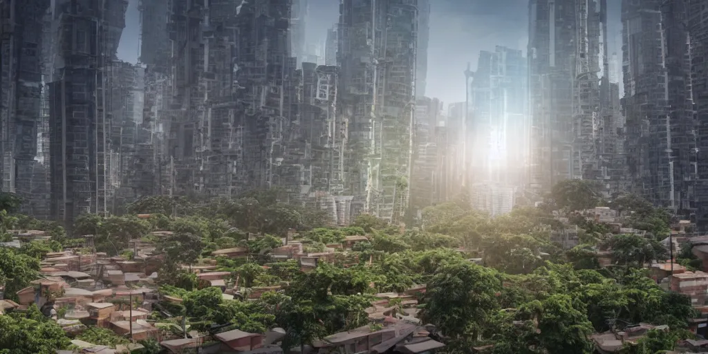 Prompt: medellin solarpunk,, highly detailed vfx, cinematic, volumetric lighting,