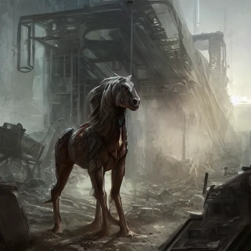 Image similar to a hyper - muscular anthropomorphized male horse with a magnificently muscular physique wearing tactical gear standing in the ruins of a facility, furry art, furaffinity, highly detailed, digital painting, artstation, concept art, magic the gathering, illustration by artgerm, greg rutkowski, wlop