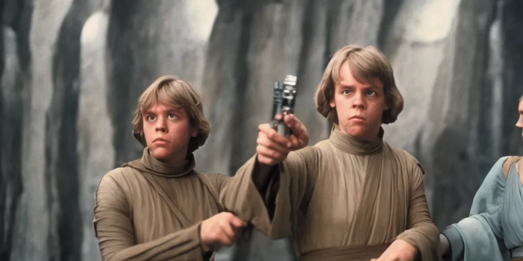 Image similar to screenshot of Luke Skywalker teaching Princess Leia the force, the two people are in a lost jedi Temple, 1970s sci fi film by Stanely Kubrick film, color kodak, Ektachrome, anamorphic lenses, detailed faces, hyper-realistic, photoreal, detailed portrait, moody cinematography, strange lighting