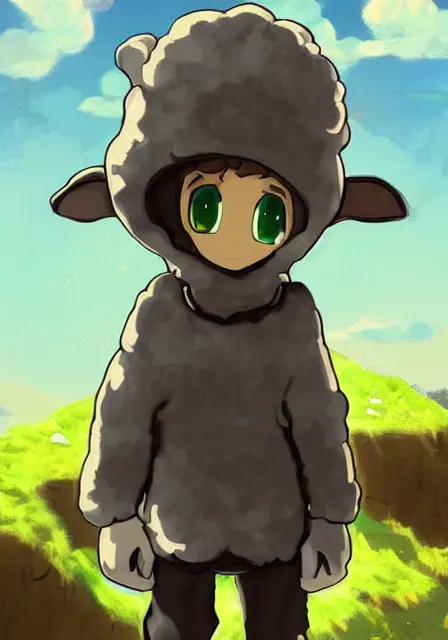 Image similar to little boy wearing sheep suit using a smartphone, gray, blue, green and brown pallet color. made in abyss art style, inspired in kris from deltarrune, cute detailed artwork, anatomically correct, soft details, ligh, reflection