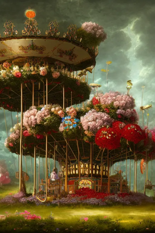 Image similar to a beautiful digital illustration painting of a fantasy carousel in overgrown roots, flowers by benoit b. mandelbrot, steven belledin, martin johnson heade, lee madgwick, caspar david friedrich, and david rios ferreira. 8 k resolution trending on artstation concept art digital illustration