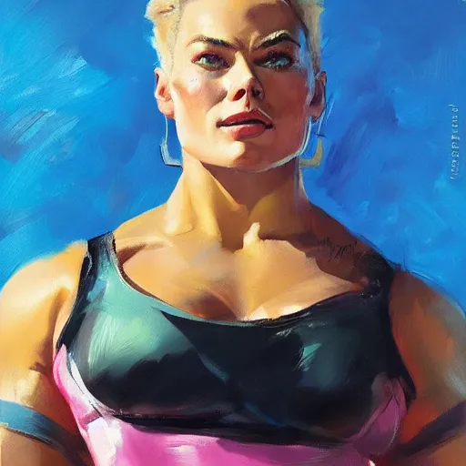 Prompt: greg manchess portrait of margot robbie as thick very muscular weightlifter zarya from overwatch with ponytail and curly pink hair, medium shot, asymmetrical, profile picture, organic painting, sunny day, matte painting, bold shapes, hard edges, street art, trending on artstation, by huang guangjian and gil elvgren and sachin teng