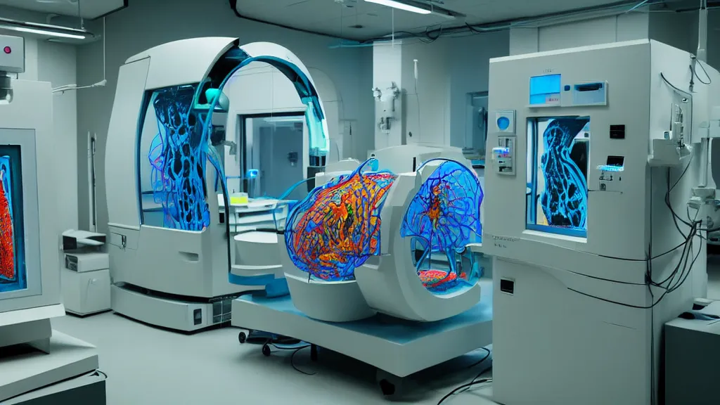 Image similar to a complex bifurcated surgical arm hybrid mri 3 d printer machine making colorful mutant forms with control panels in the laboratory inspection room, film still from the movie directed by denis villeneuve with art direction by salvador dali, wide lens