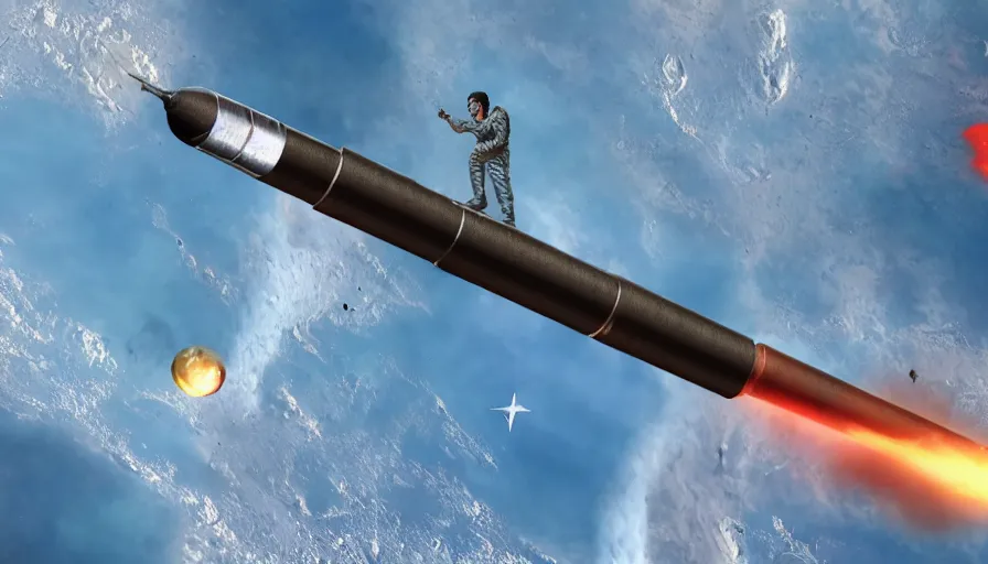 Image similar to saddam hussein riding a icbm in space, dragons chasing, ultra realistic, 4 k, artstation, sharp focus, highly detailed, historically accurate