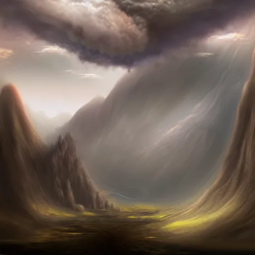 Image similar to a dark cloudy !!hand!! in a valley reaching out of the sky trying to touch the ground, matte painting, fantasy art