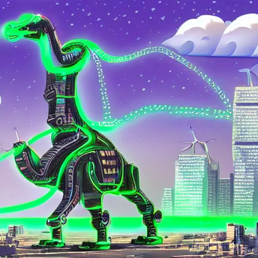 Prompt: Giant cybernetic alien camel blasting green energy laser from the mouth with city on its hump, while a giant floating octopus invades the city far in the distance, digital art